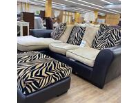 Patterned fabric and leather corner sofa