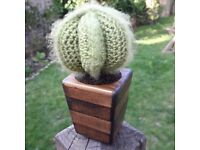 Handmade crocheted cactus in a handmade wooden pot