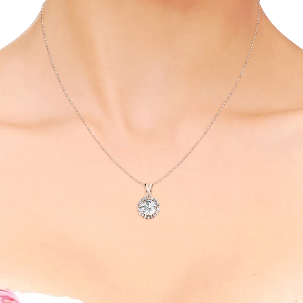 Pre-owned Limor 1.79ct Created Diamond 14k Rose Gold Halo Pendant Necklace W/ 18" Chain In White