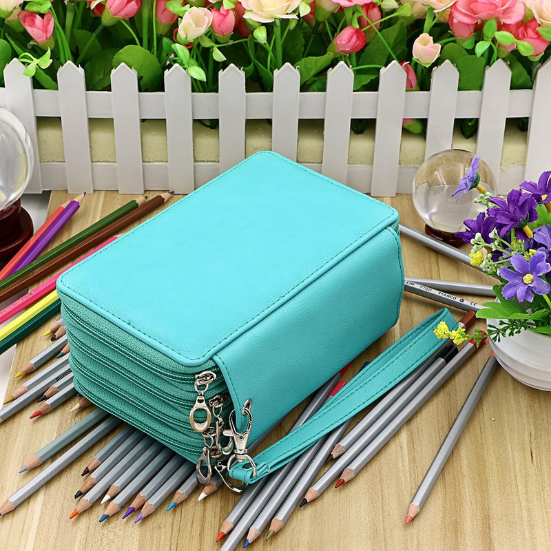 BTSKY PU Leather Colored Pencil Case with Compartments-72 Slots Handy Pencil Bag