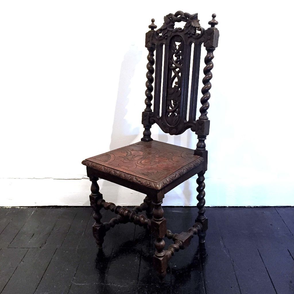 Antique Victorian Carved Gothic Pagan chair dark oak barley twist