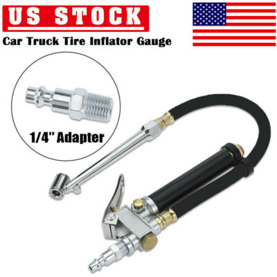 Car 12'' Dual Head Tire Inflator Air Chuck Pressure Gauge w/ 1/4'' Adapter