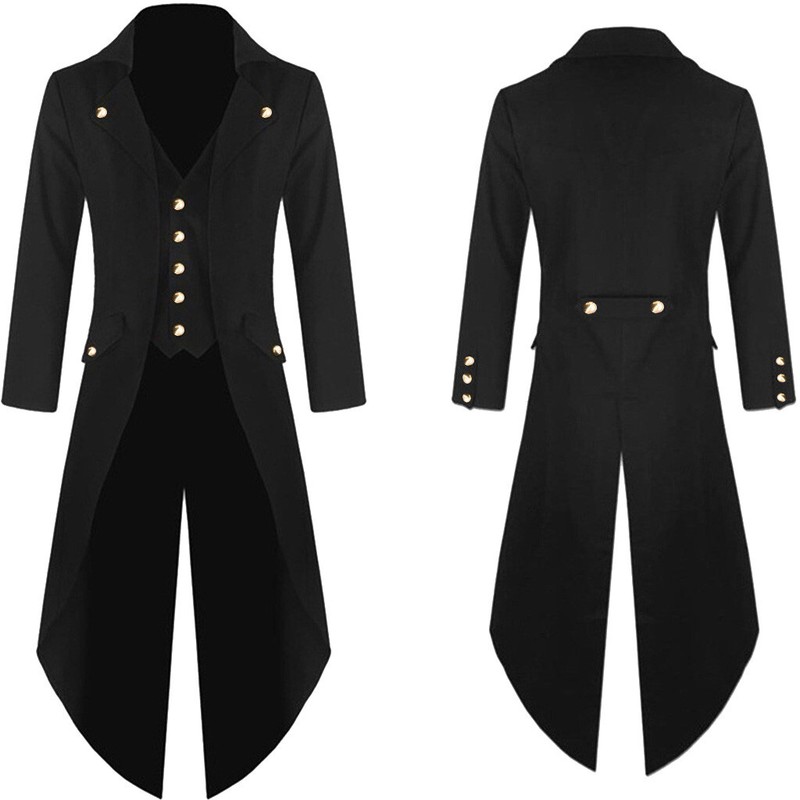 Mens Gothic Tailcoat Jacket Vintage Black Steampunk VTG Victorian Long Coat
