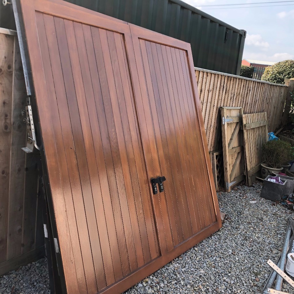 Electric garage doors, x2 timber panelled, all motors and fixings, plus