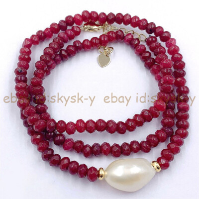 Faceted 2x4mm Rondelle Red Jade 11-12mm White Baroque Pearl Necklace 18''