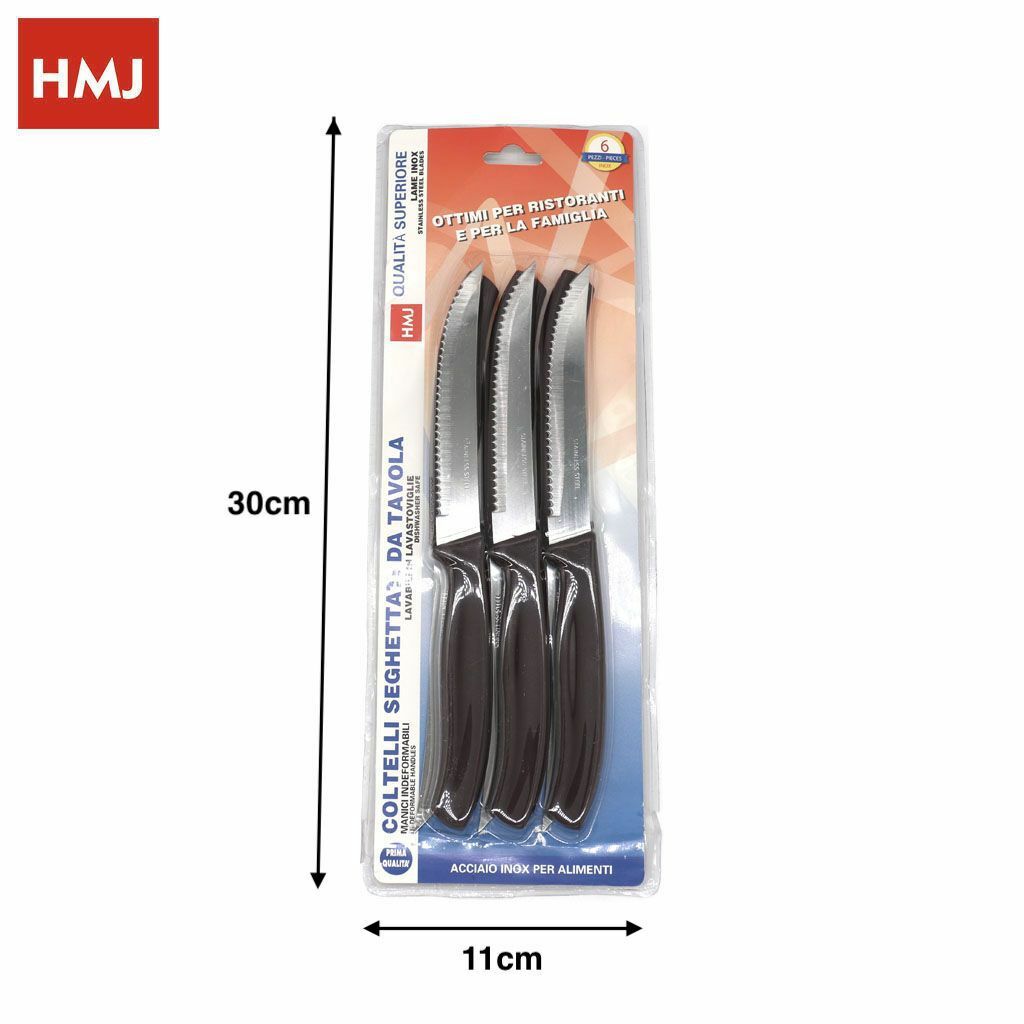 Set 6 Pezzi Coltelli Da Tavola Lama Acciaio Seghettati Manico Marrone Cucina hmj
