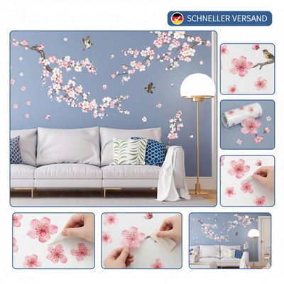 Wondever Wandtattoo Rosa Kirschblüte Blumen Wandaufkleber Vögel Auf Baum Ast Wan