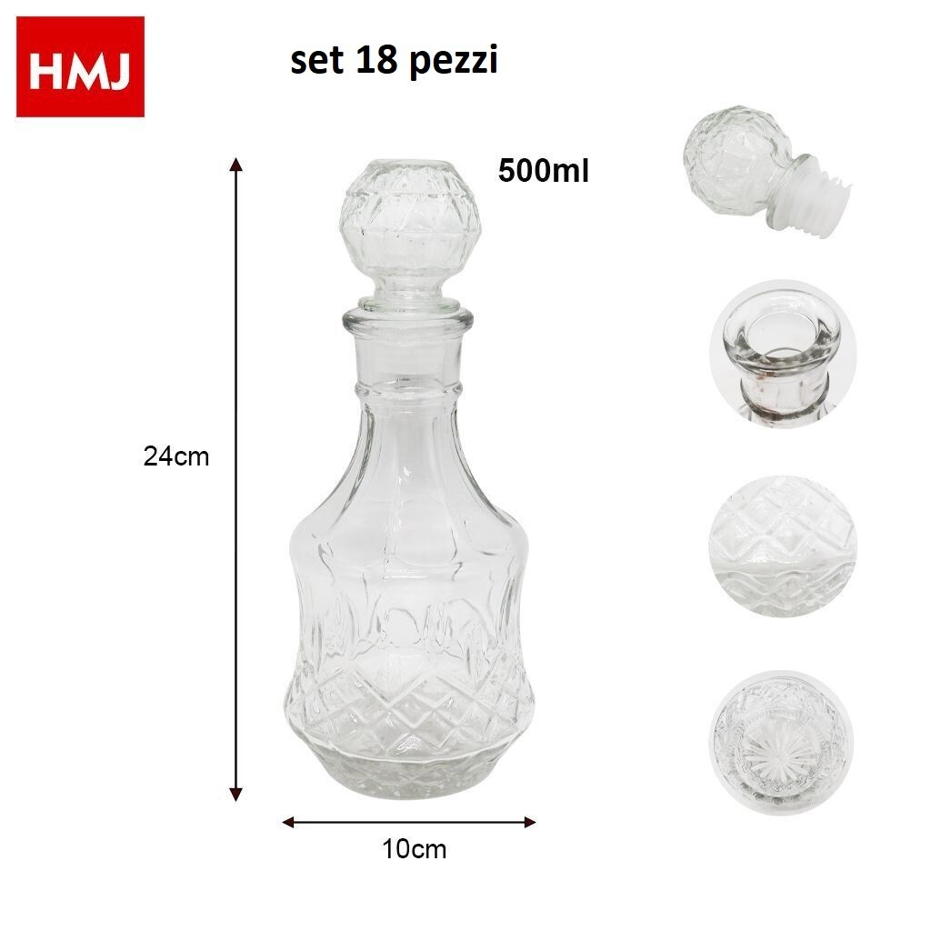 Set 18 Pezzi Bottiglia Decorata Vetro Liquori Bevande Ovale 500ml hmj