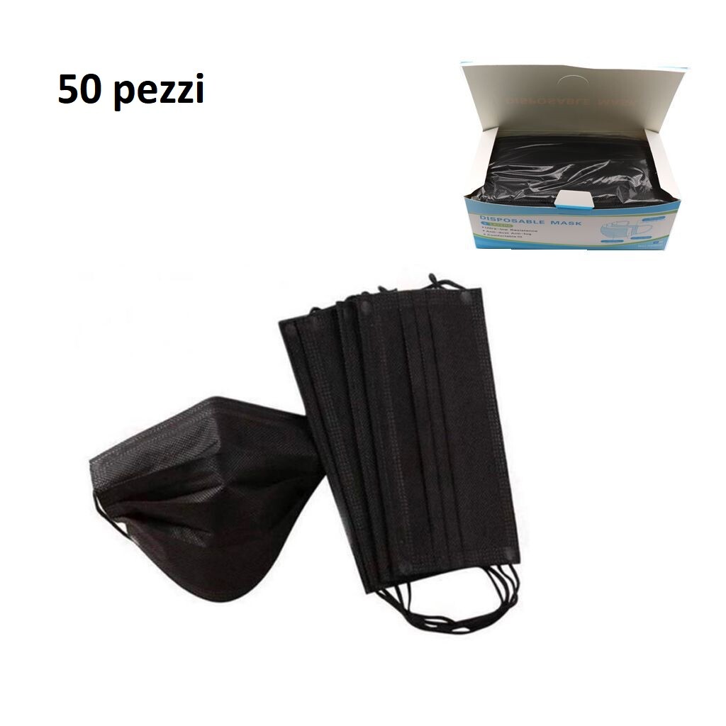 50 Mascherine Chirurgiche Monouso Facciali Protettive Filtranti 3 Strati Nere