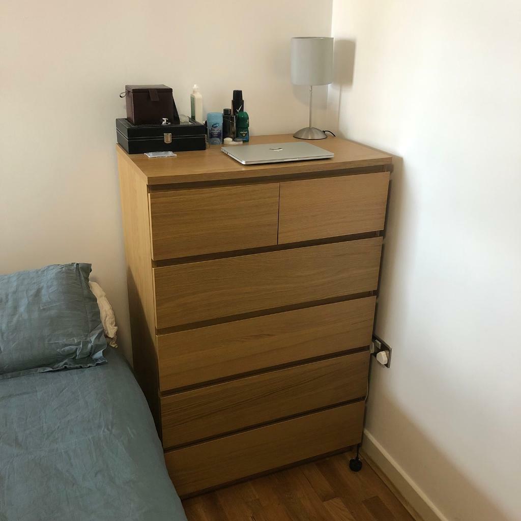 Ikea MALM Chest of 6 Drawers Oak Veneer Fully Assembled