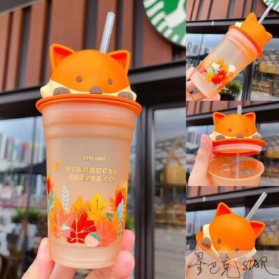 Starbucks Cup with Lid Autumn Fox Cute Pet Large Capacity 355ml Straw Glass Cup