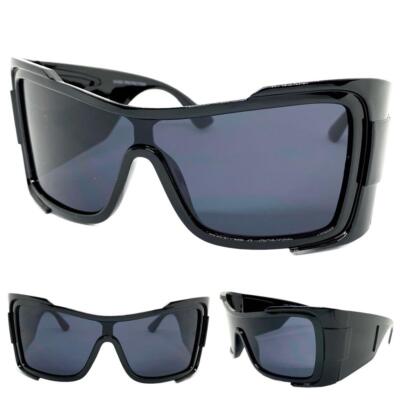 Oversize Modern Retro Shield Party Raver SUNGLASSES Huge Super Thick Black Frame