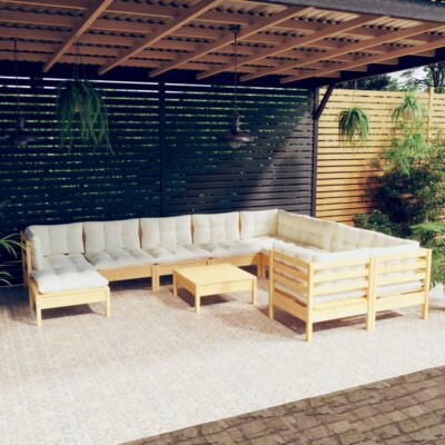 vidaXL 11 Piece Garden Lounge Set with Cream Cushions Pinewood