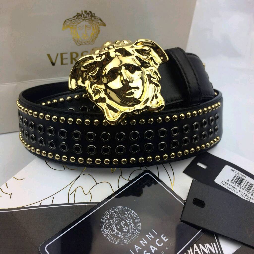Studded design gold medusa head rare collection mens leather belt versace large plus size boxed