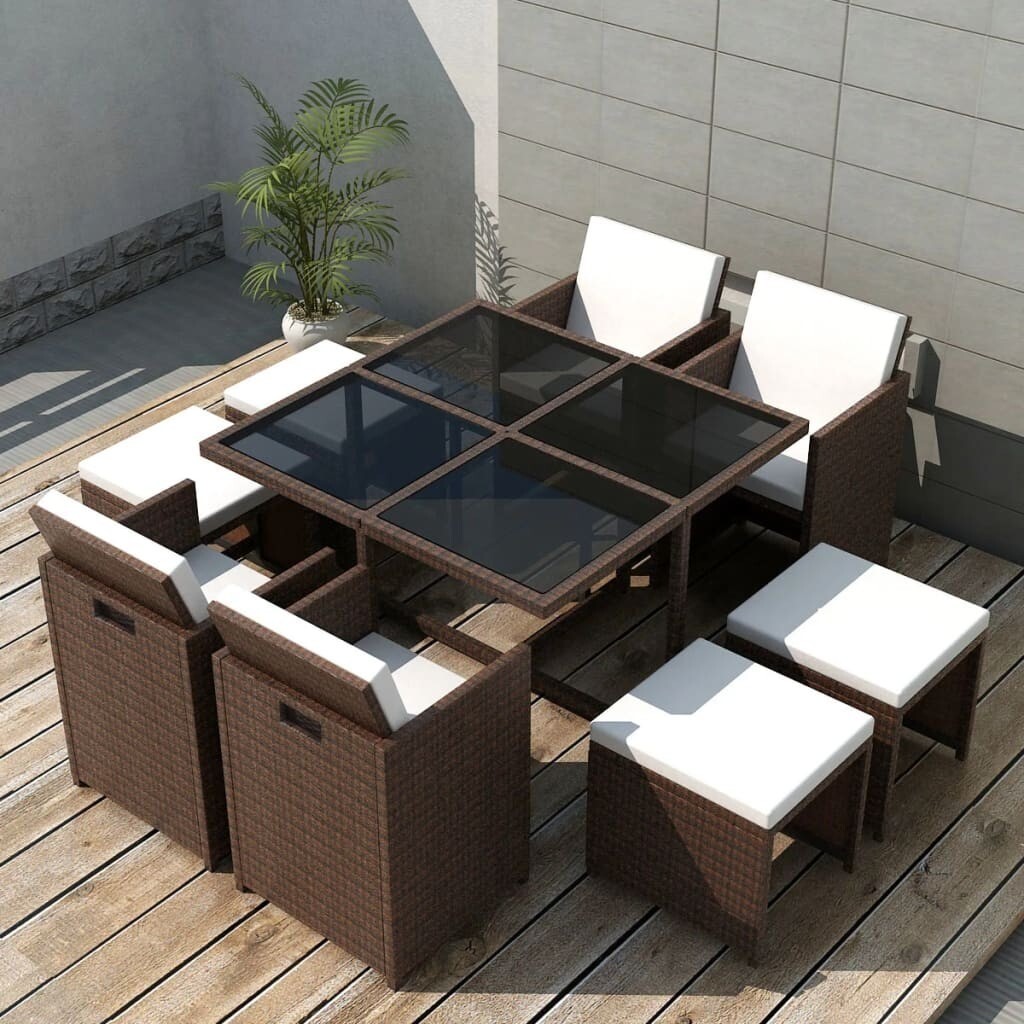 9 Piece Outdoor Dining Set with Cushions Poly Rattan Brown-42601 | in