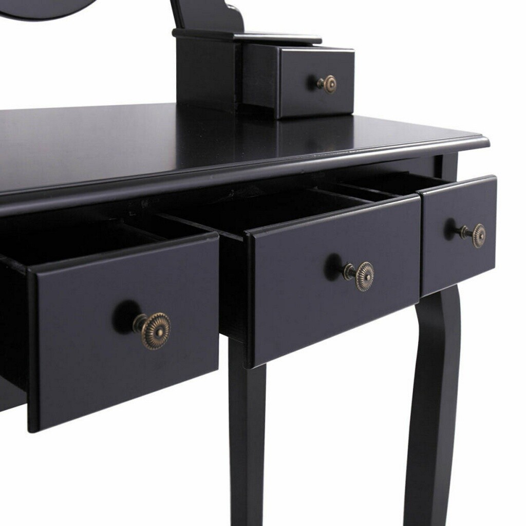 Black Vanity Dressing Table Set With Mirror Stool 5 Drawers Makeup