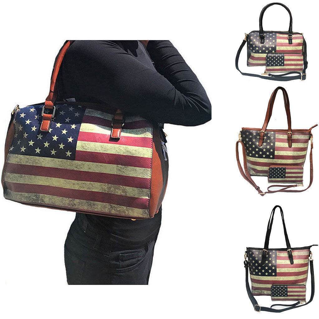 USA Flag Tote Satchel Handbag Wristlet Gift Set for Women Wi