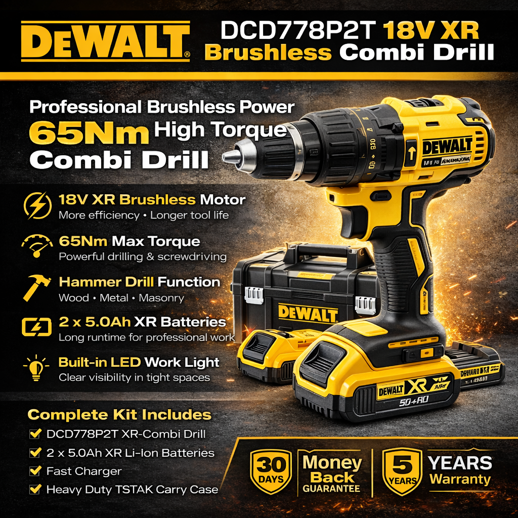 DEWALT DCD778P2T 18V XR Brushless Combi Drill Kit 2x5Ah 65Nm Hammer Drill