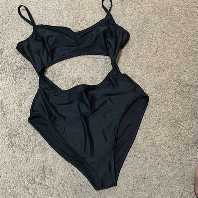 Madewell Womens L Cinched Cutout One Piece Swimsuit Solid Black Simple Basic New