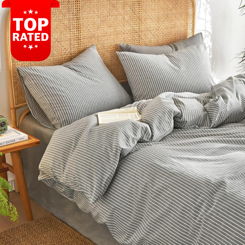 Striped Cotton Quilt Cover Set Grey Double Size 3 Pieces Ticking Duvet Bedding