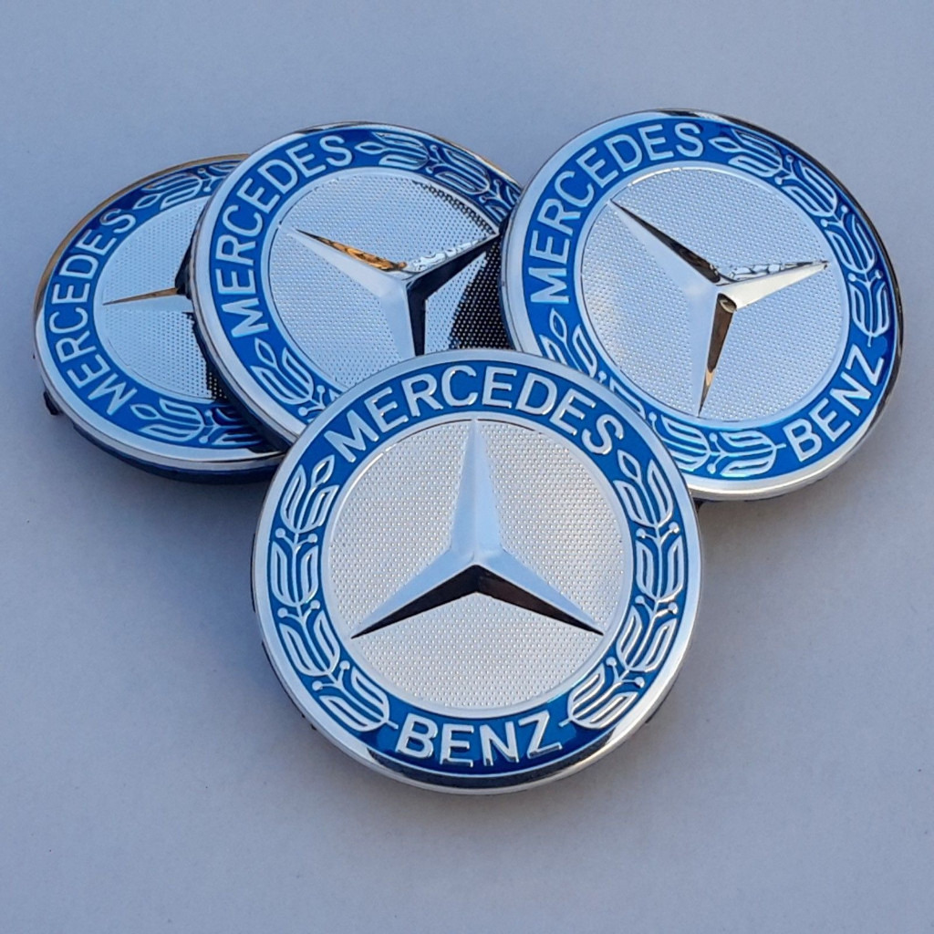 Mercedes Benz Alloy Wheel Centre Caps 75mm Badges Blue Hub Emblem New