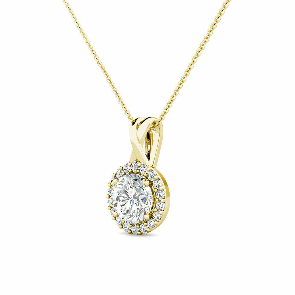 Pre-owned Limor 14k Yellow Gold 1.79 Ct Created Diamond Halo Pendant Necklace W/ 18" Chain In White