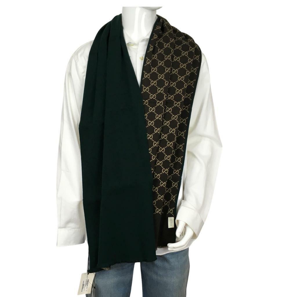 Pre-owned Gucci Men's Scarf Double Sided Green Other Side Brown Beige Monogram Gg Dm11 In Green/brown/beige