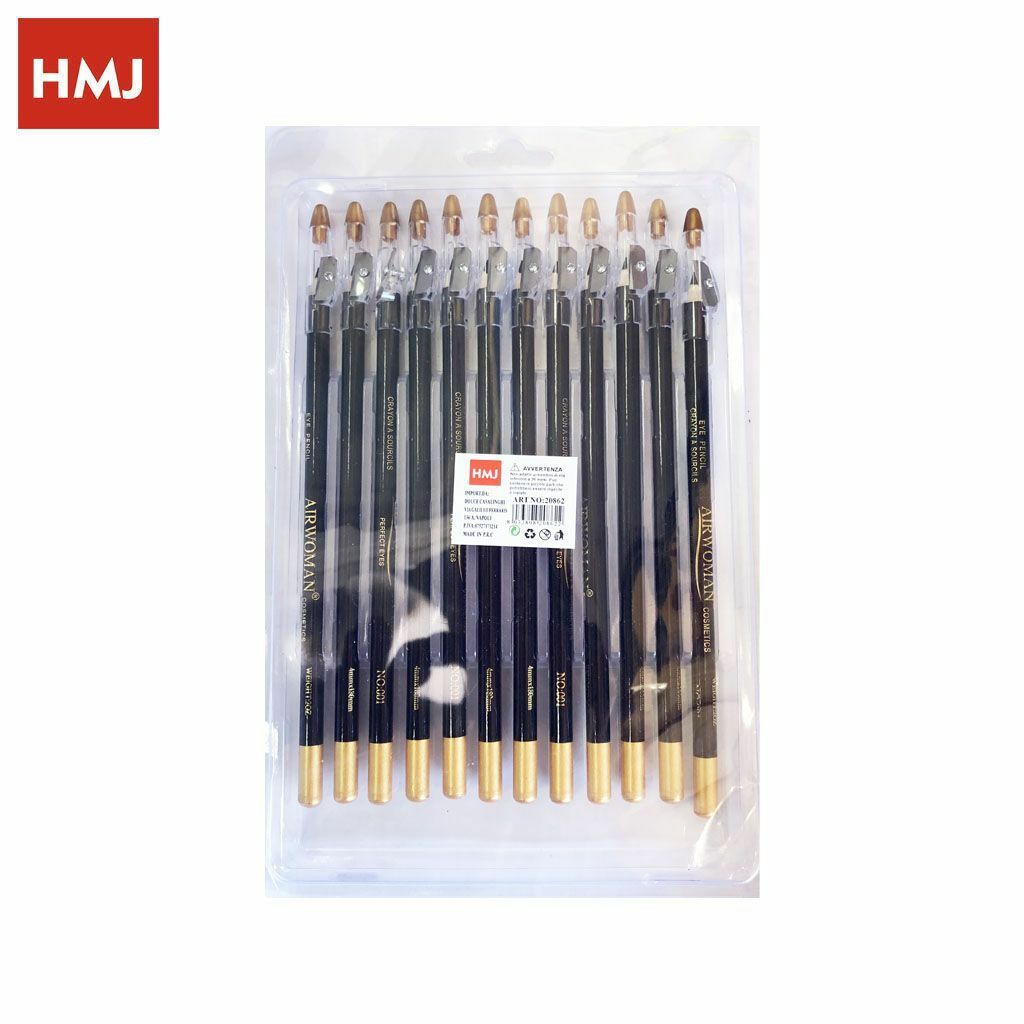 Set 12 Pezzi Matita Occhi Colore Nero Con Temperamatite Trucco Makeup Donna hmj