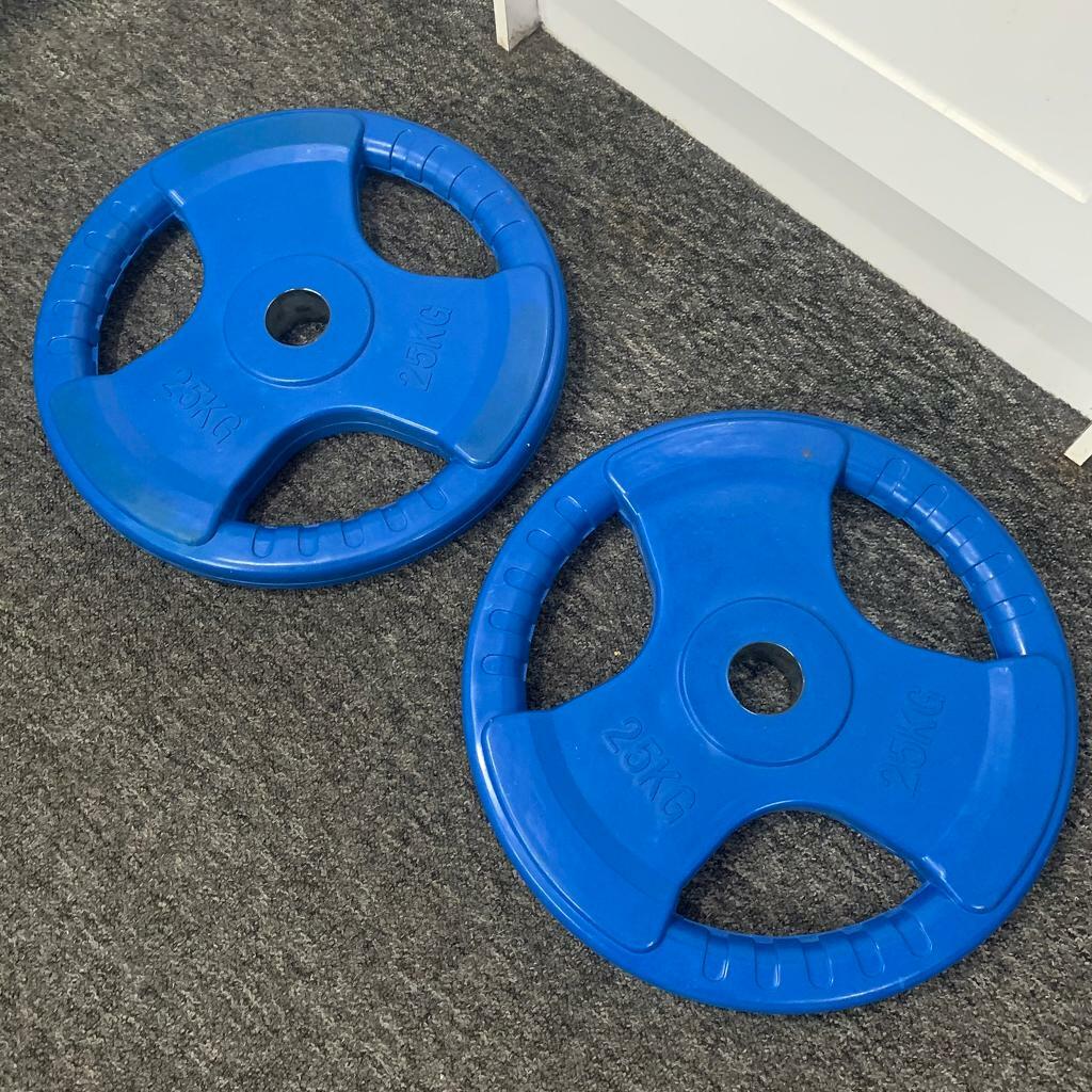 2x25kg Rubber TriGrip Blue Olympic Weights Plates. Total 50kg in