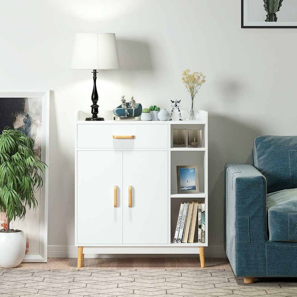 Homfa sideboard, book case, in white with pine handles and feet