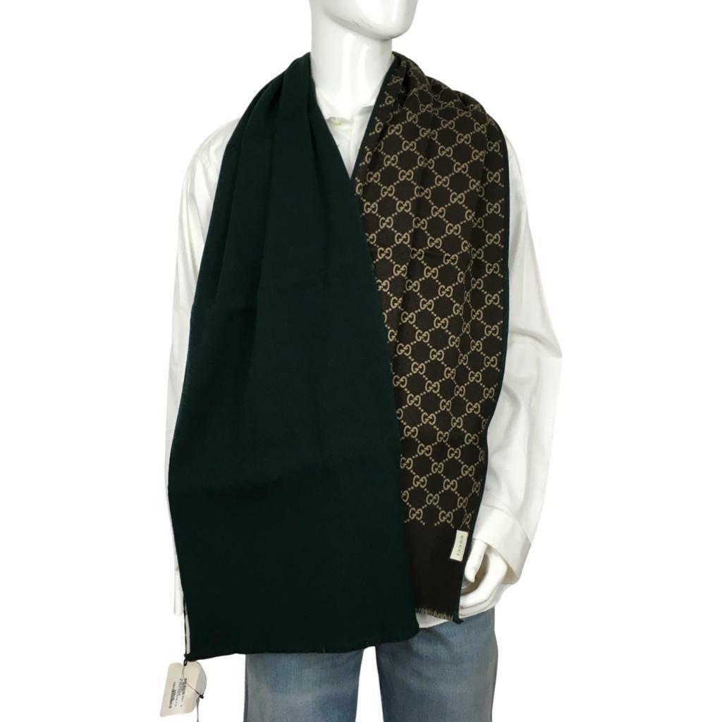 Pre-owned Gucci Men's Scarf Double Sided Green Other Side Brown Beige Monogram Gg Dm11 In Green/brown/beige