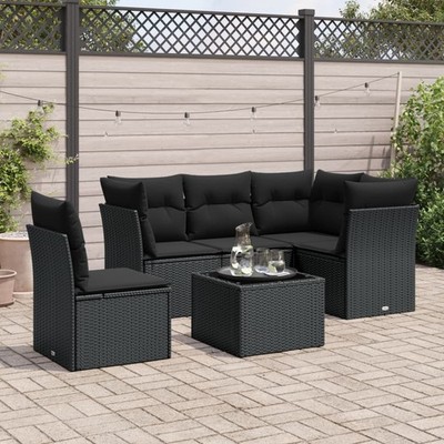 vidaXL 6 Piece Garden Sofa Set with Cushions Black Poly Rattan