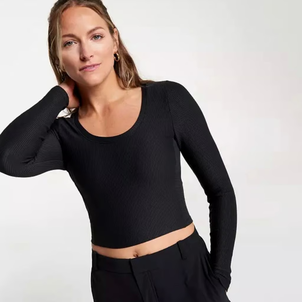 ◆as if calie◆ GURLS CROP LONG SLEEVE TSHIRT BLACK CA24CLT0 CALIA Women's Cropped Long Sleeve Support Top, Pure Black