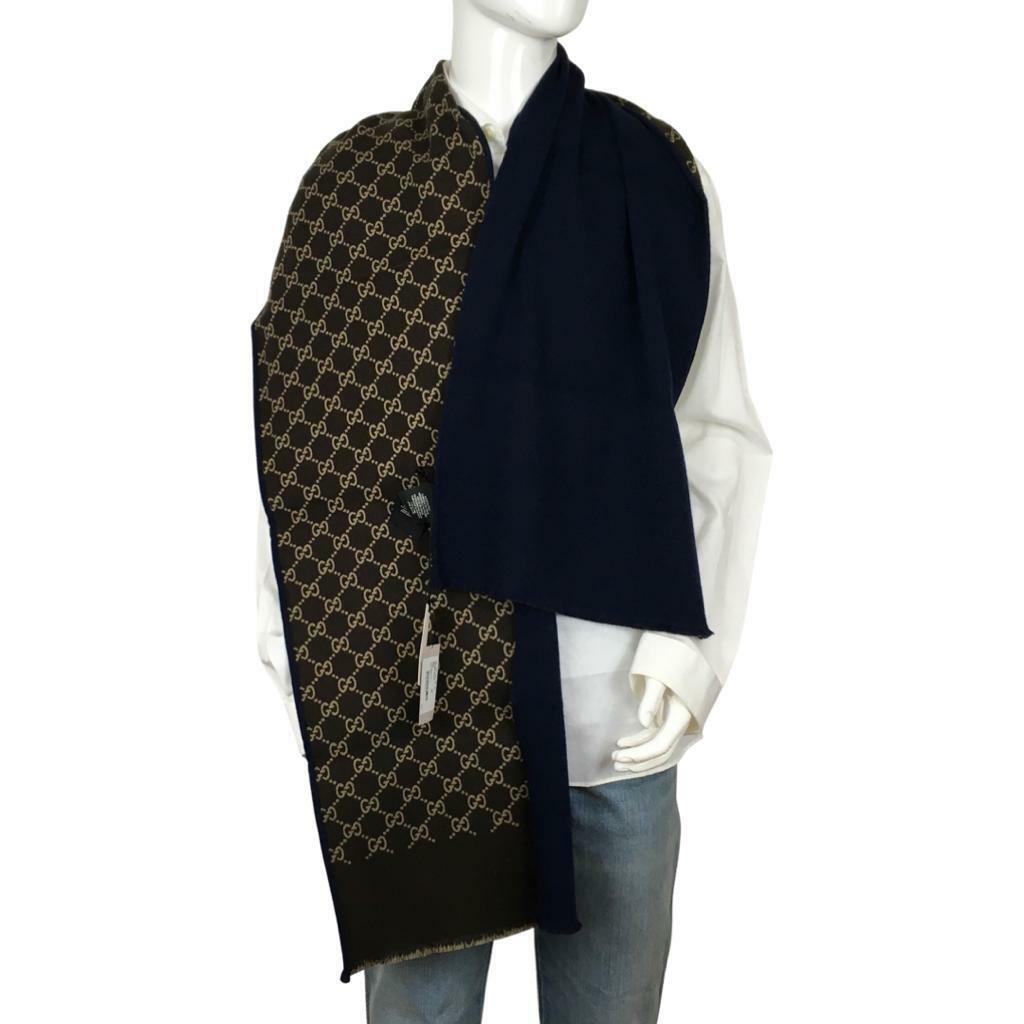 Pre-owned Gucci Men's Scarf Double Sided Blue Other Side Brown Beige Monogram Gg Dm14