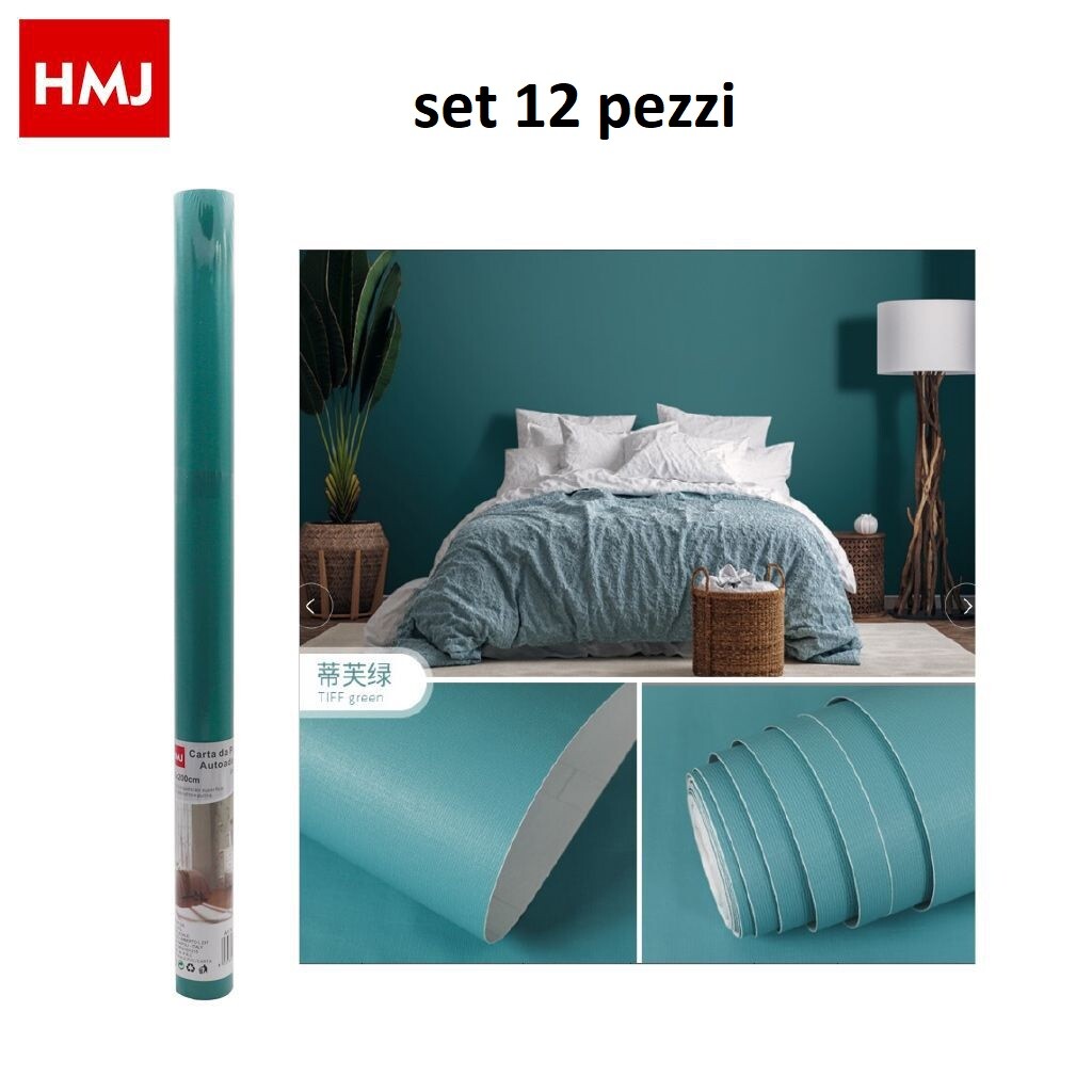 Set 12 Pezzi Rotolo Adesivo Per Muri Parete In Pvc 45cmx2mt Turchese 24054 hmj