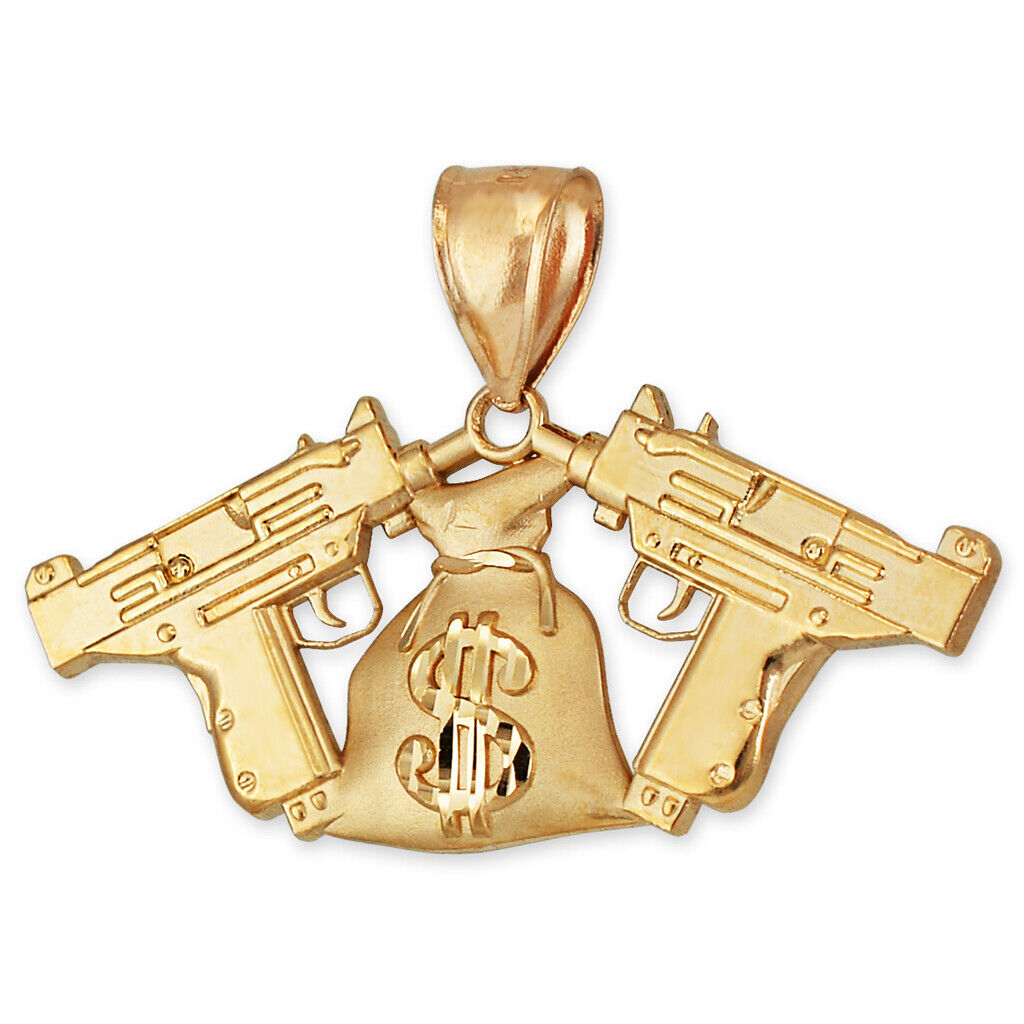 Pre-owned La Blingz Gold Money Bag Dual Uzi Gun Satin Dc Hip-hop Pendant In Yellow Gold