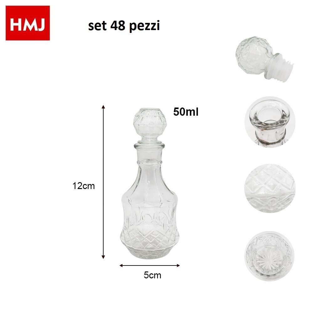 Set 48 Pezzi Bottiglia Decorata Vetro Liquori Bevande Ovale 50ml hmj