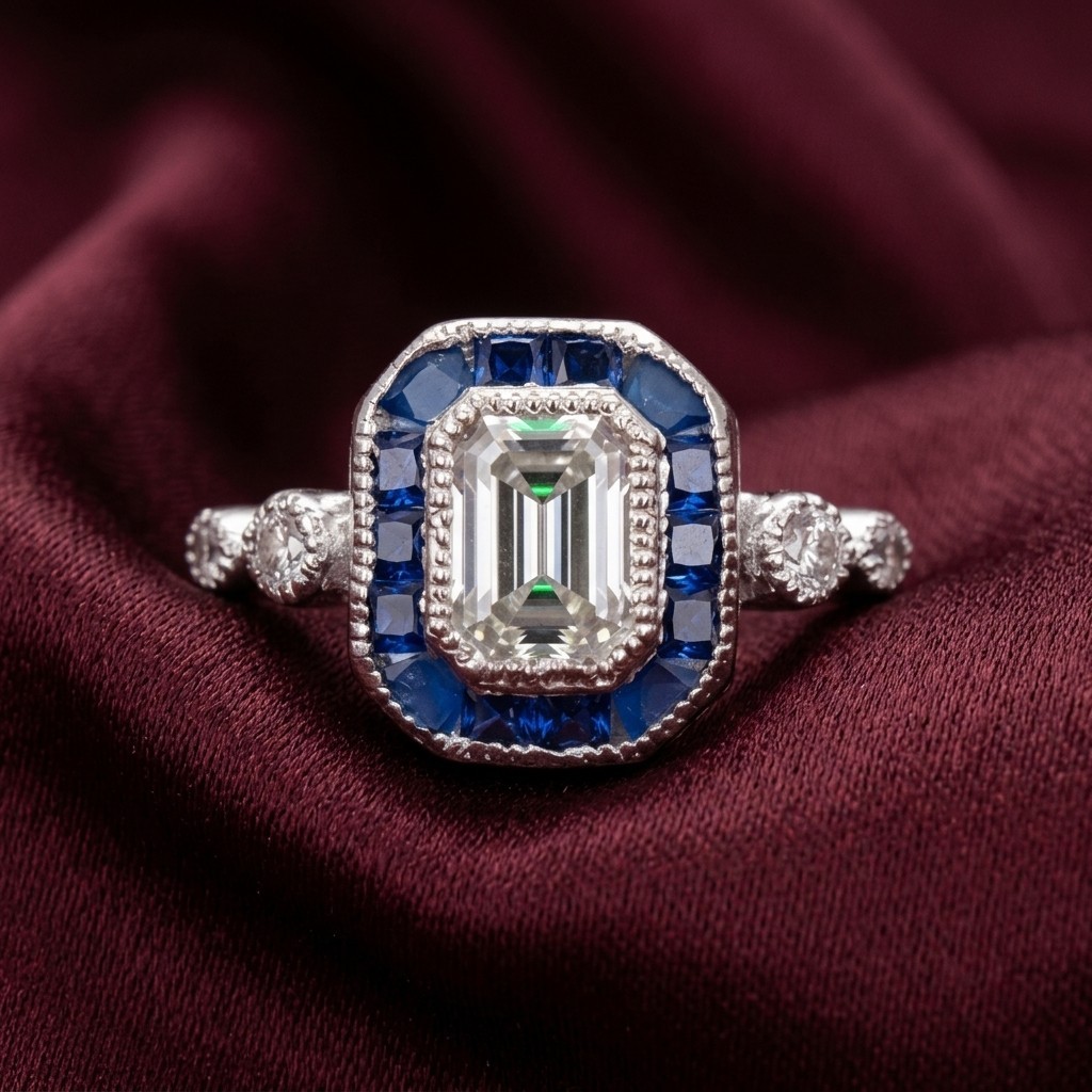 Luxe Emerald Gray Moissanite Vintage Round Blue Accent Stones Engagement Ring