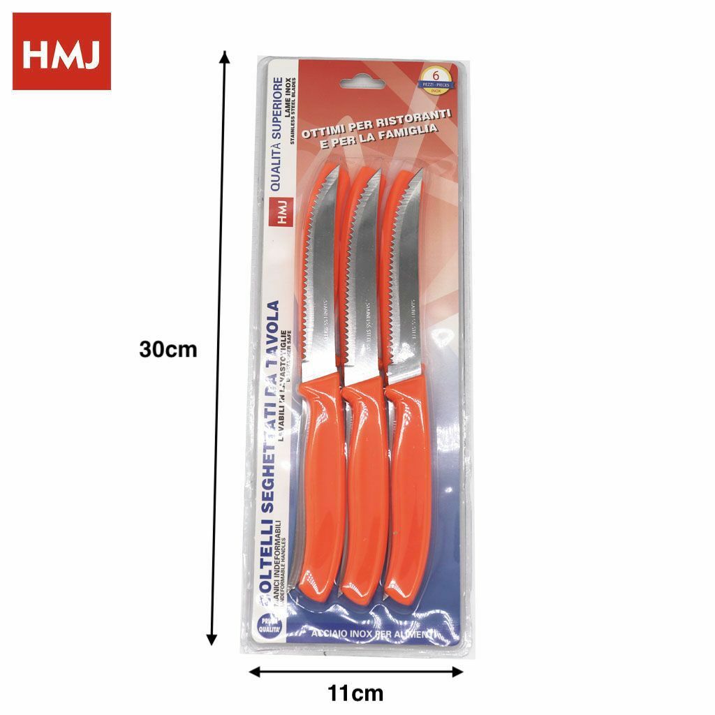 Set 6 Pezzi Coltelli Da Tavola Lama Acciaio Seghettati Manico Arancio Cucina hmj