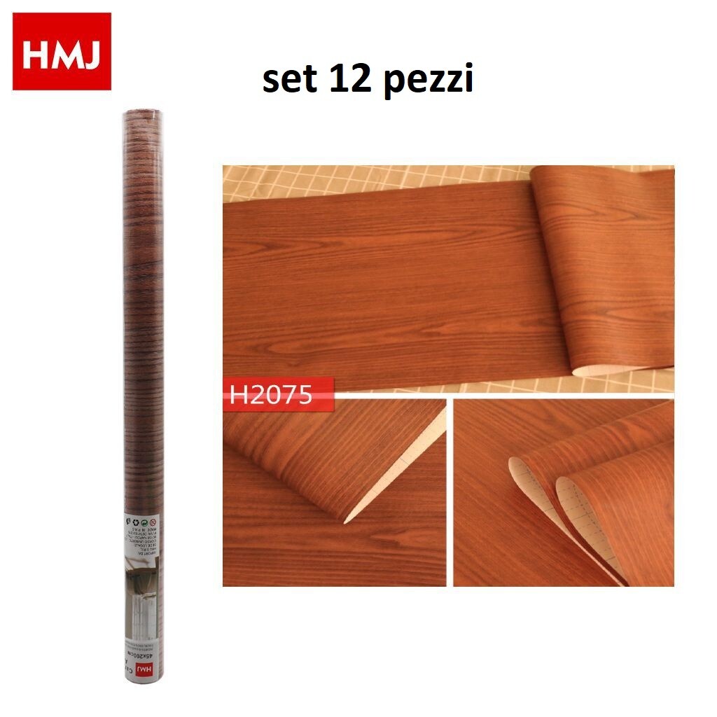 Set 12 Pezzi Rotolo Adesivo Per Muri Parete In Pvc 45cmx2mt Legno 24015 hmj