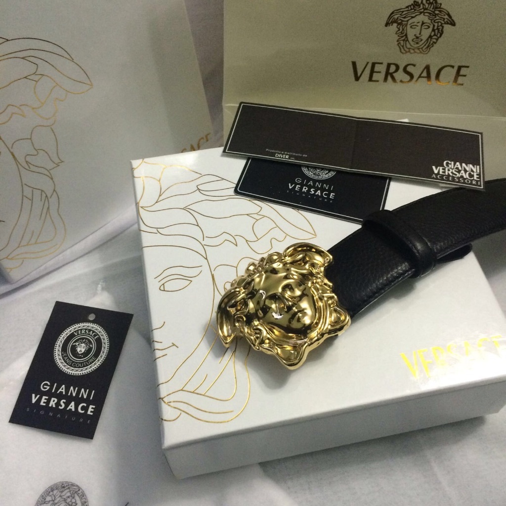 Gold medusa head mens leather belt Versace with box papers gift bag
