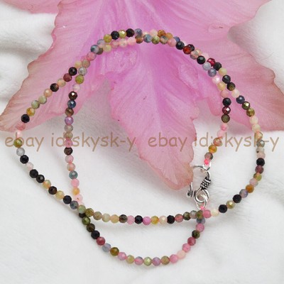 3mm Faceted Natural Multi-Color Tourmaline Round Gemstone Beads Necklace 16-30''