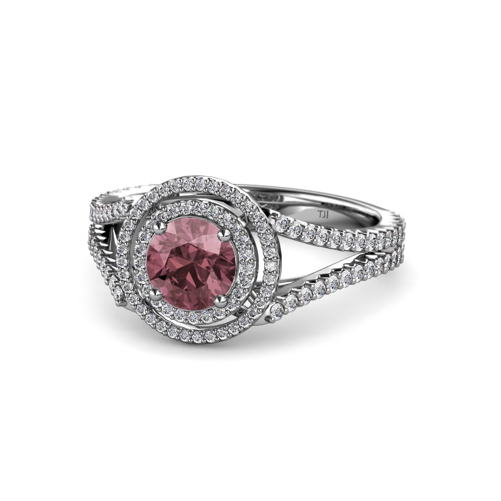 Pre-owned Trijewels Round Rhodolite Garnet Diamond Women Halo Engagement Ring 14k Gold Jp:56741 In Red-violet