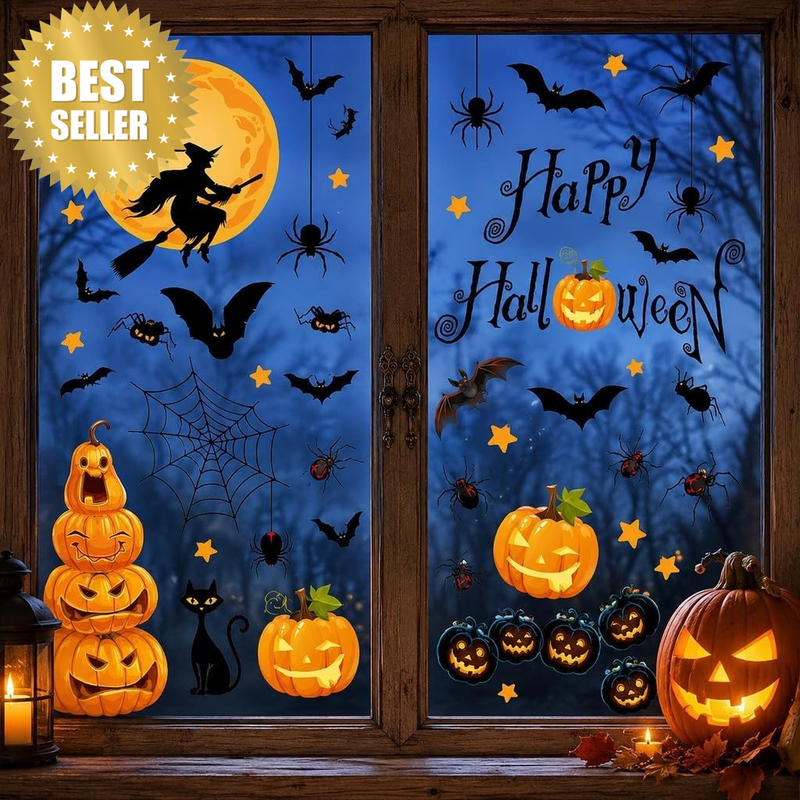 Halloween Window Clings, 9 Sheets Double-Sided Pumpkin Spider Bat Witch Window S