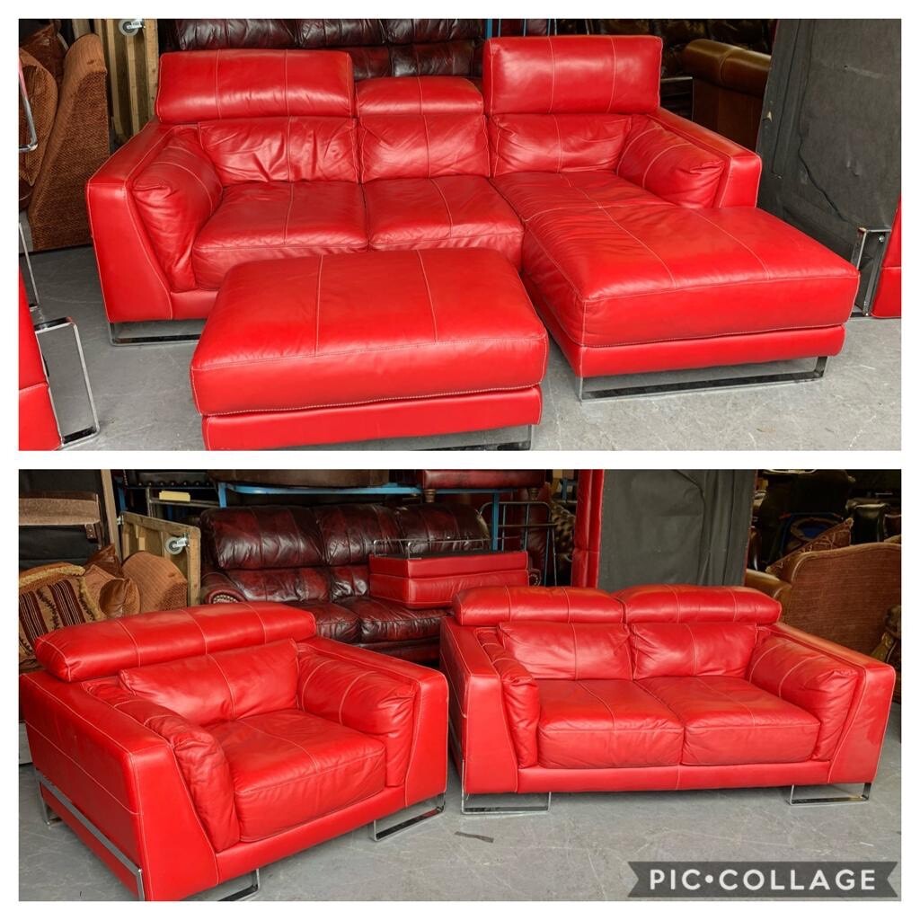 Dfs Red Thick Leather 4 Piece Corner Sofa Set Can Deliver In