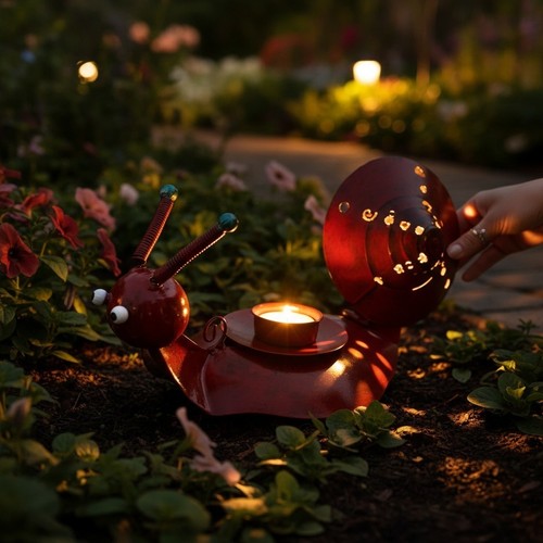 Schnecke Windlicht Gartenfigur rot Metall Gartendeko wetterfest 24cm Bild 3