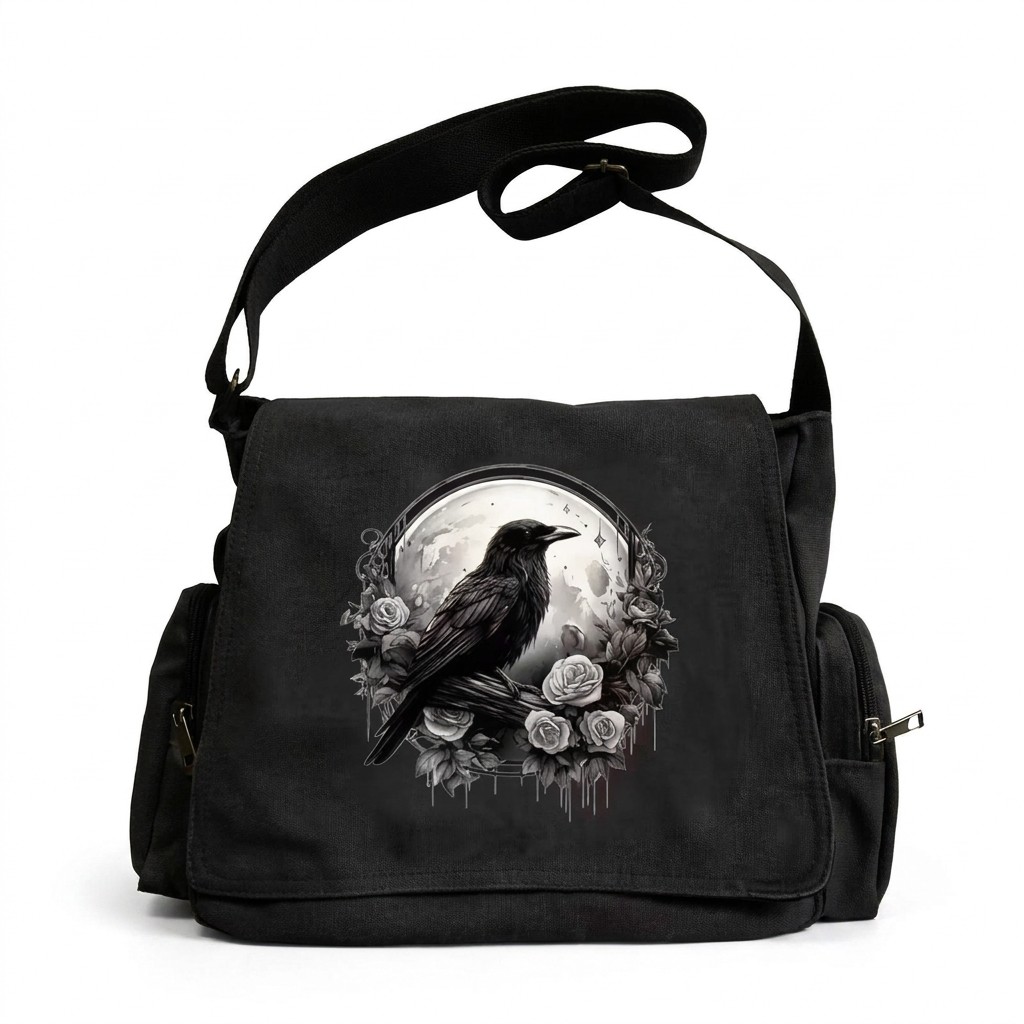 Gothic Raven Moon Rose Crossbody Bag 11x14 Black Crow Messenger Purse Witchy