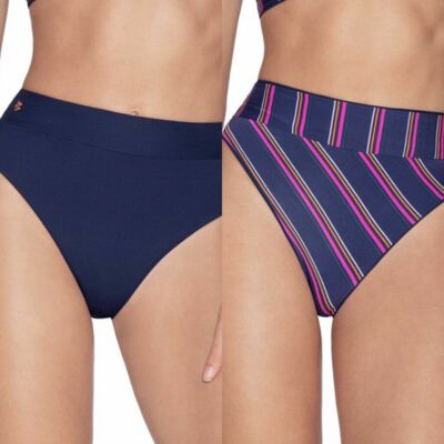 MAAJI Navy Blue Stripe Suzy Q Reversible High Waisted Swimsuit Bikini Bottoms S