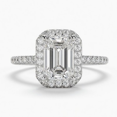 1.5ct Emerald Cut Halo Pave Diamond Engagement Ring VS1 D 14K Gold