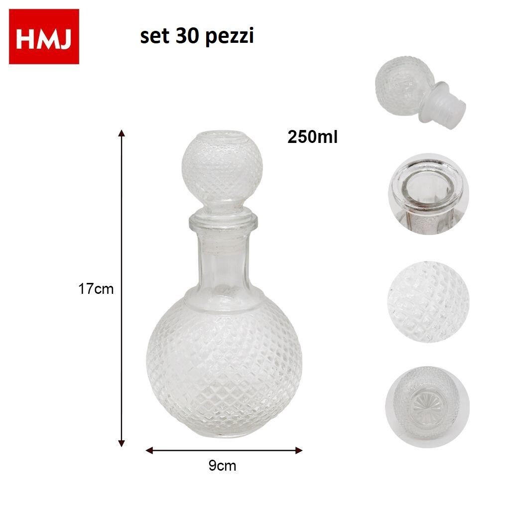 Set 30 Pezzi Bottiglia Decorata Vetro Liquori Bevande Rotonda 250ml hmj